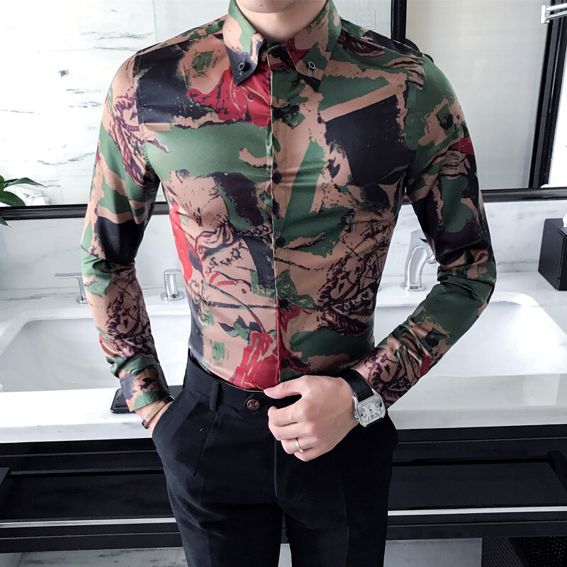 季款韩版型男士修身迷彩印花长袖衬衣型男休闲衬衫打底衫