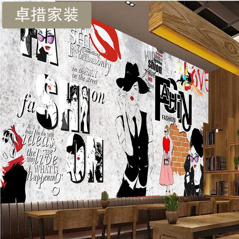 复古怀旧砖墙底纹女孩背景墙餐厅咖啡小吃店休闲吧服装店墙纸壁画壹德壹