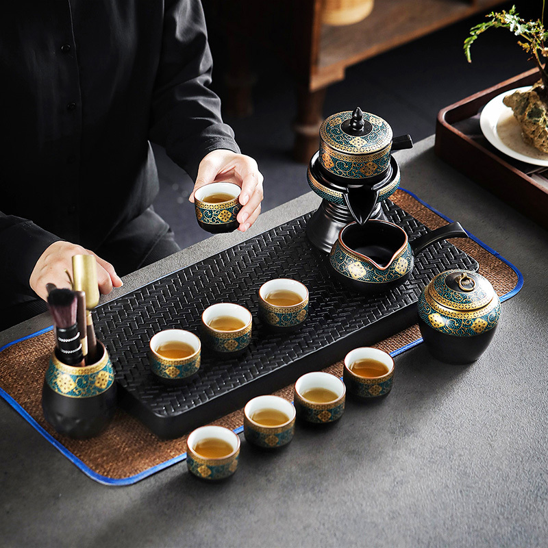 領藝 古韵懒人功夫茶具套装家用小套带茶盘陶瓷自动泡茶器中式茶礼 [礼盒装]古韵自动13头配墨雪
