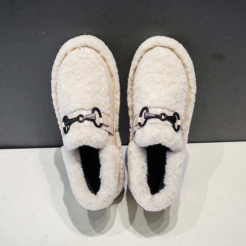 玮琪红毛毛鞋女白色羔毛鞋冬季加绒加厚保暖外穿平底棉瓢鞋启如休闲鞋