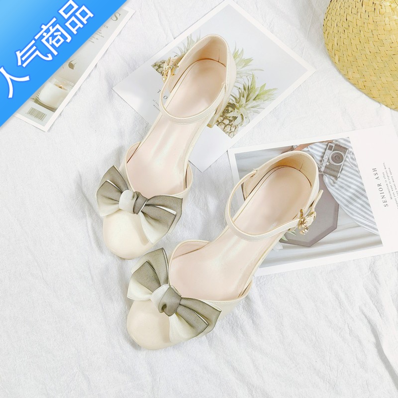 SUNTEK2022夏季新款百搭仙女风蝴蝶结粗跟中跟方头一字扣包头凉鞋女高清大图