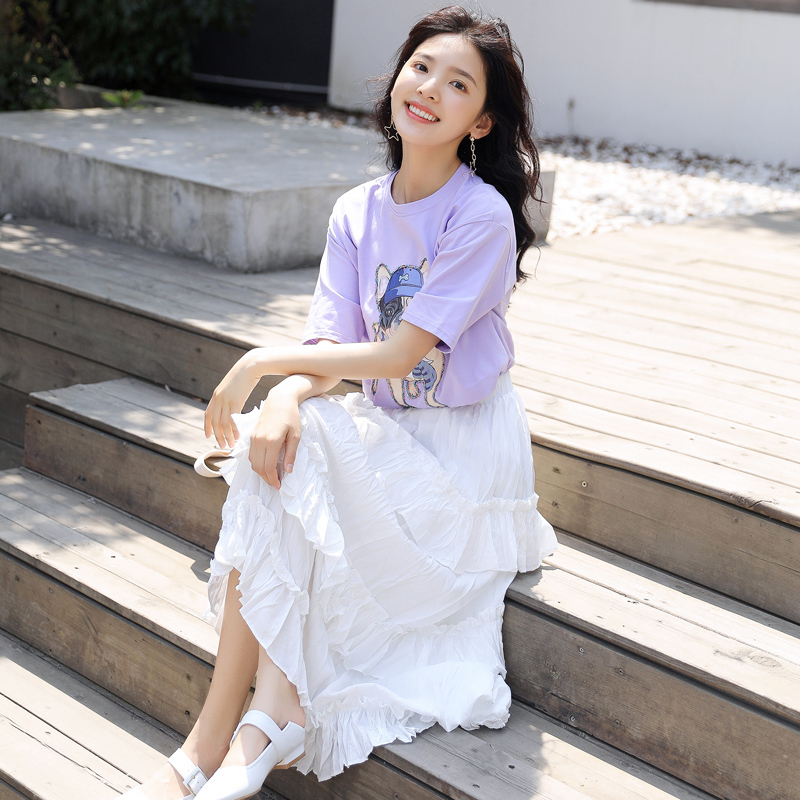 蛋糕裙T恤半身裙套装显瘦温柔风少女显瘦裙子印花体恤两件套