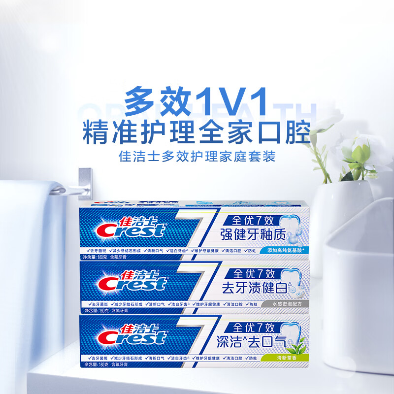 佳洁士 全优7效牙膏 含氟防蛀固齿 长效清新 180g*3高清大图