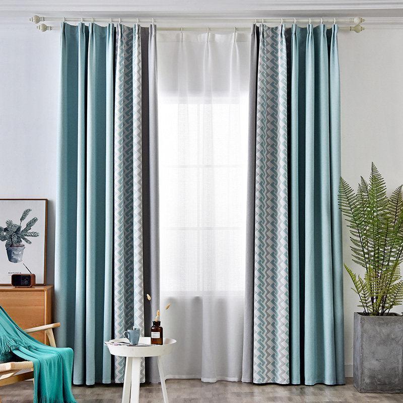 美帮汇现代简约窗帘加厚遮光防风挡寒客厅卧室北欧拼接撞色成品定制 无缝拼接-灰绿波浪 宽2.5米x高2.7--2片-打孔式【可改短】适宽2.5-3