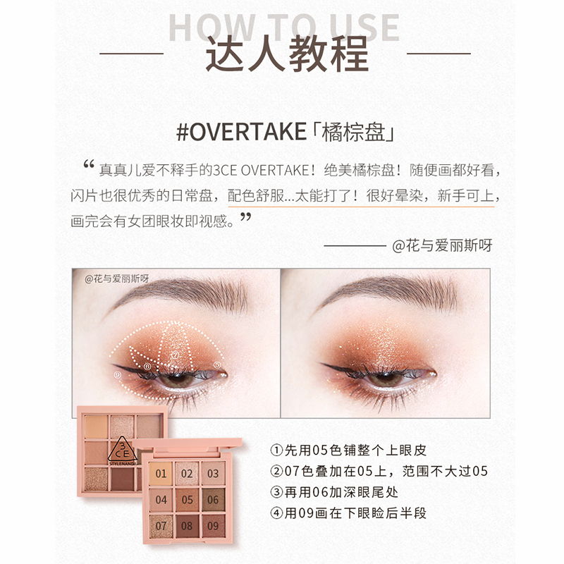 [送眼影刷]韩国3CE 三熹玉网红九宫格眼影盘9色橘棕眼影盘 #OVERTAKE 8.1克 哑光质地 粉棕橘棕色系