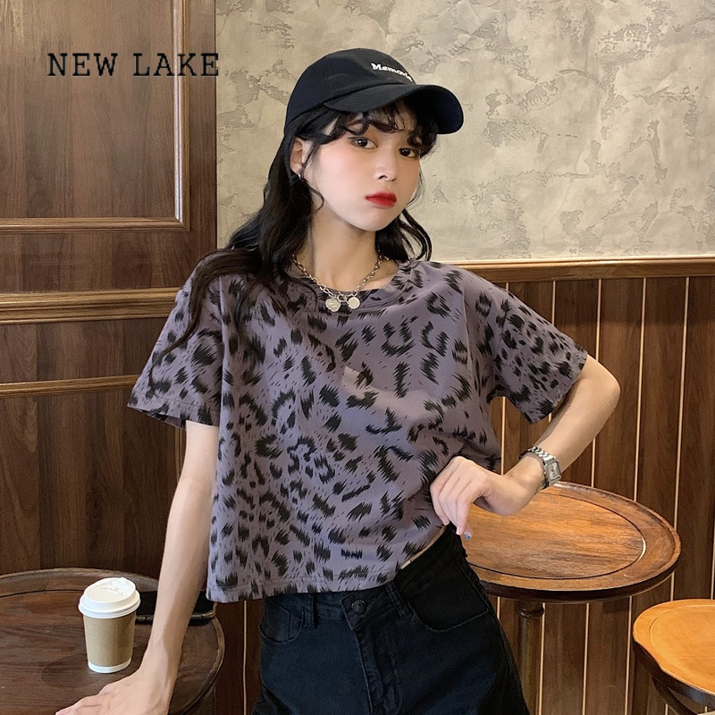 newlake豹纹正肩短袖t恤女ins潮夏季薄款圆领甜酷辣妹小个子高腰短款
