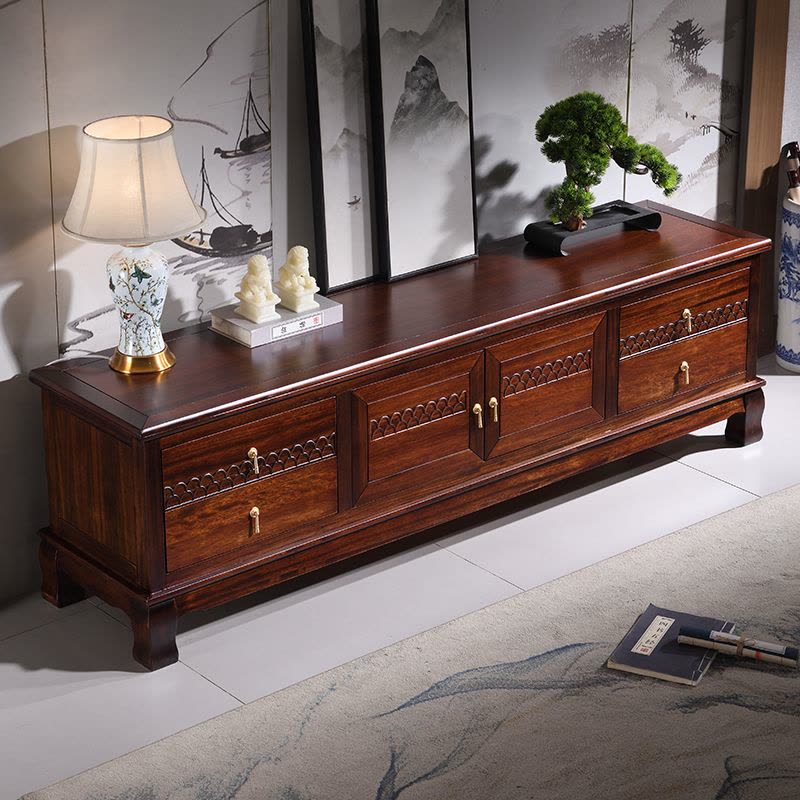 青木川 新中式仿古实木电视柜落地2025新款小户型客厅农村家用乌金木雕花成品整装矮柜储物柜影视柜视听柜图片