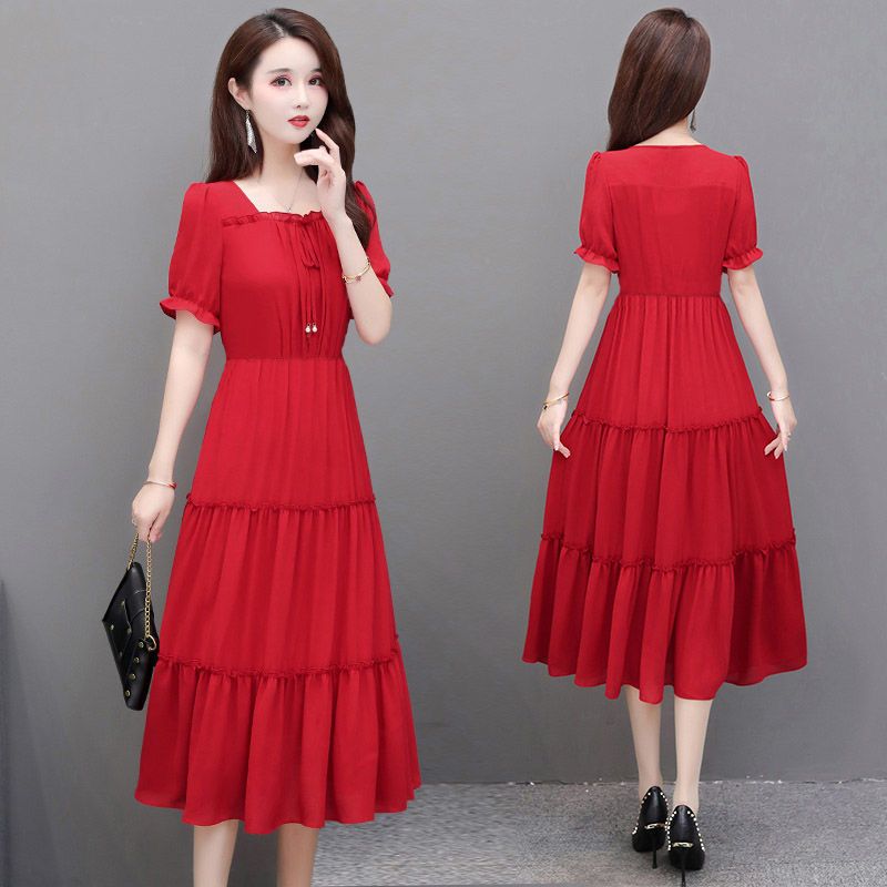红色裙子2020年新款夏天收腰显瘦蛋糕裙中长款方领短袖纯色连衣裙