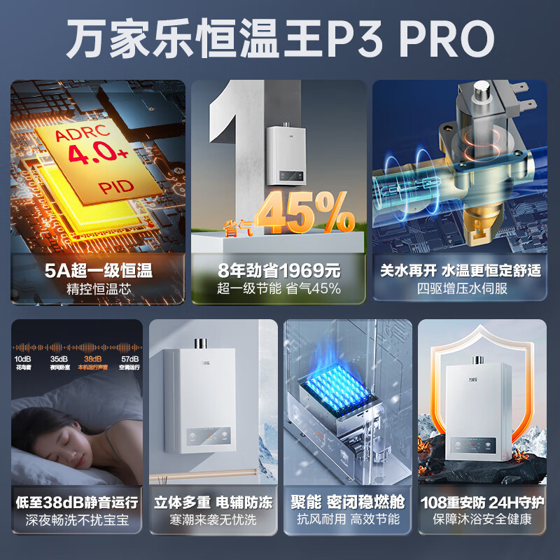 万家乐[恒温王]燃气热水器16P3 PRO(F)天然气一级恒温16升增压水伺服一级节能防冻高清大图