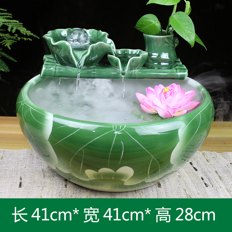 陶瓷流水器家居客厅电视柜自动循环养鱼盆增氧金鱼缸加湿摆件 三维工匠 荷韵珠光(中号)绿色+高清大图
