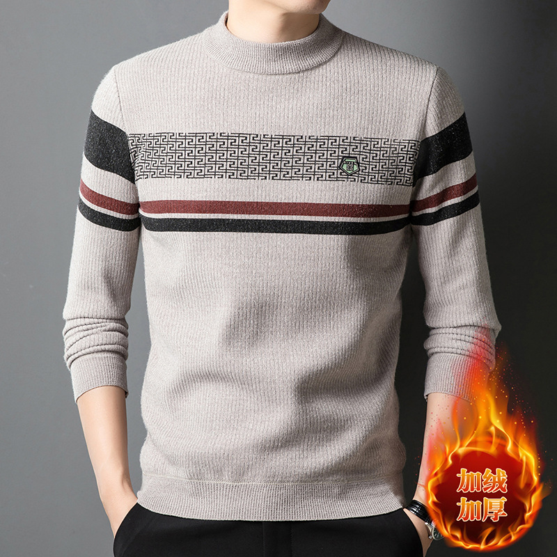冬季男士加绒加厚针织毛衣半高领休闲保暖条纹中年男士打底针织衫_32高清大图