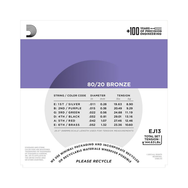 达达里奥(D’Addario)EJ13 美国进口民谣吉他琴弦 碳素钢弦套弦11-52黄铜