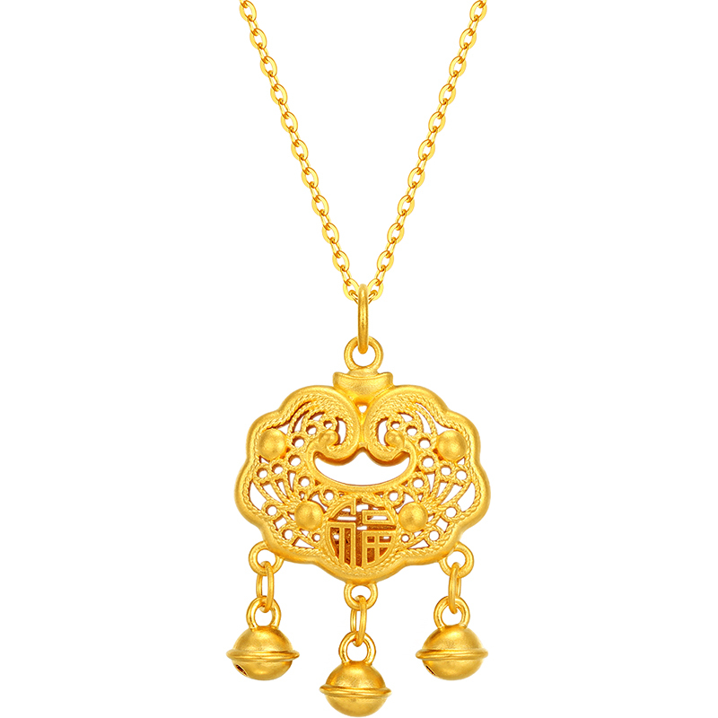 新金珠宝足金福字金锁挂坠3d硬金黄金锁吊坠192g克1042