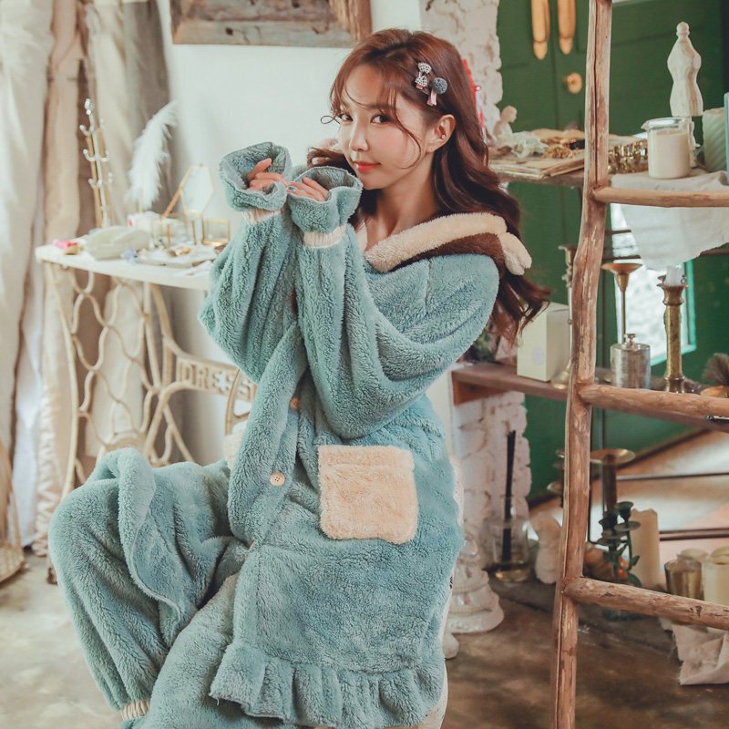 波迷娜(BOMINA)月子服睡衣怀孕期孕妇季女哺乳珊瑚绒11月份产后套装 9439#林-法兰绒-七色花蓝绿
