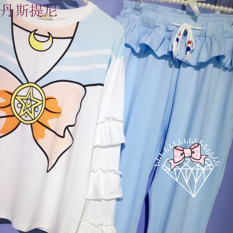 春秋纯棉睡衣女卡通美少女战士水冰月蝴蝶结荷叶边花边家居服套装