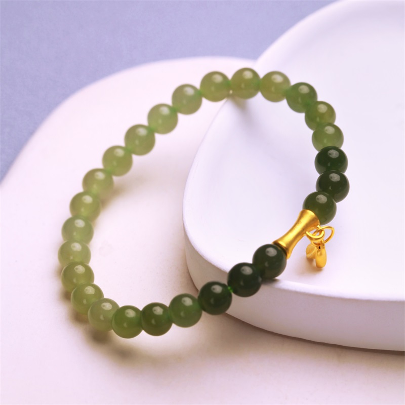 新金珠宝足金竹叶手链节节高升渐变和田玉手串黄金竹节1042