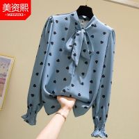 春秋雪纺衬衫气质时尚波点宽松韩范大码胖MM显瘦上衣