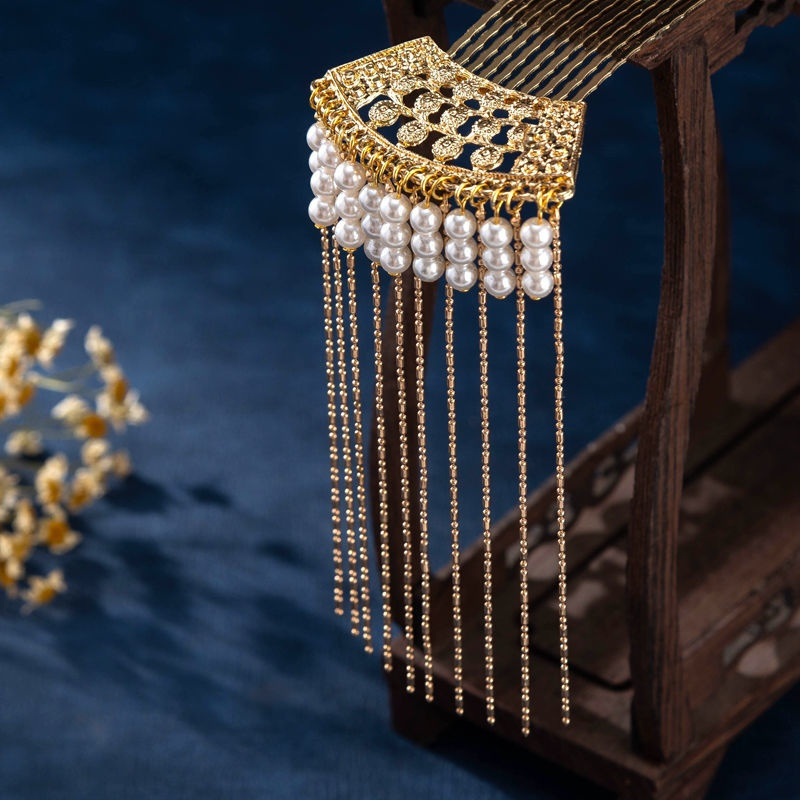 珍珠流苏发梳 明制插梳发饰 古风汉服头饰盘发簪子长流苏后压 珍珠