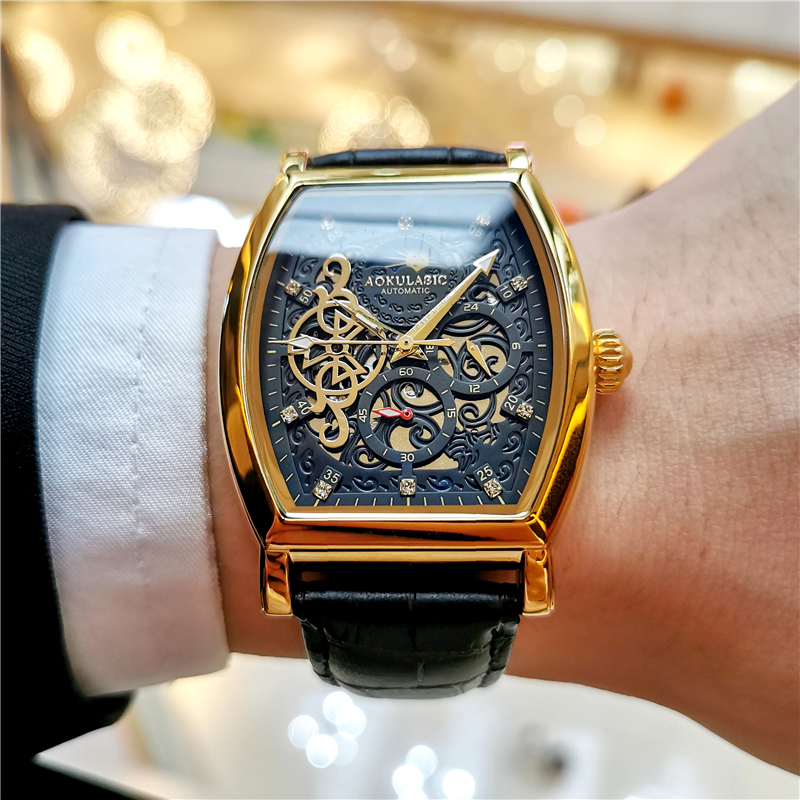 奥古拉斯品牌手表男酒桶型全自动机械表蝴蝶扣夜光防水月相陀飞轮男表