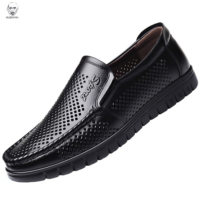 老人头2020夏季透气凉皮鞋男士真皮凉鞋软底防滑中老年人爸爸男鞋老人