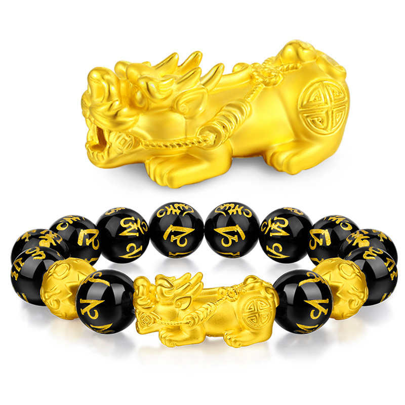 GZUAN古钻珠宝 足金黄金真言黑玛瑙貔貅手链男士3D硬金足金貔貅 YJS0005