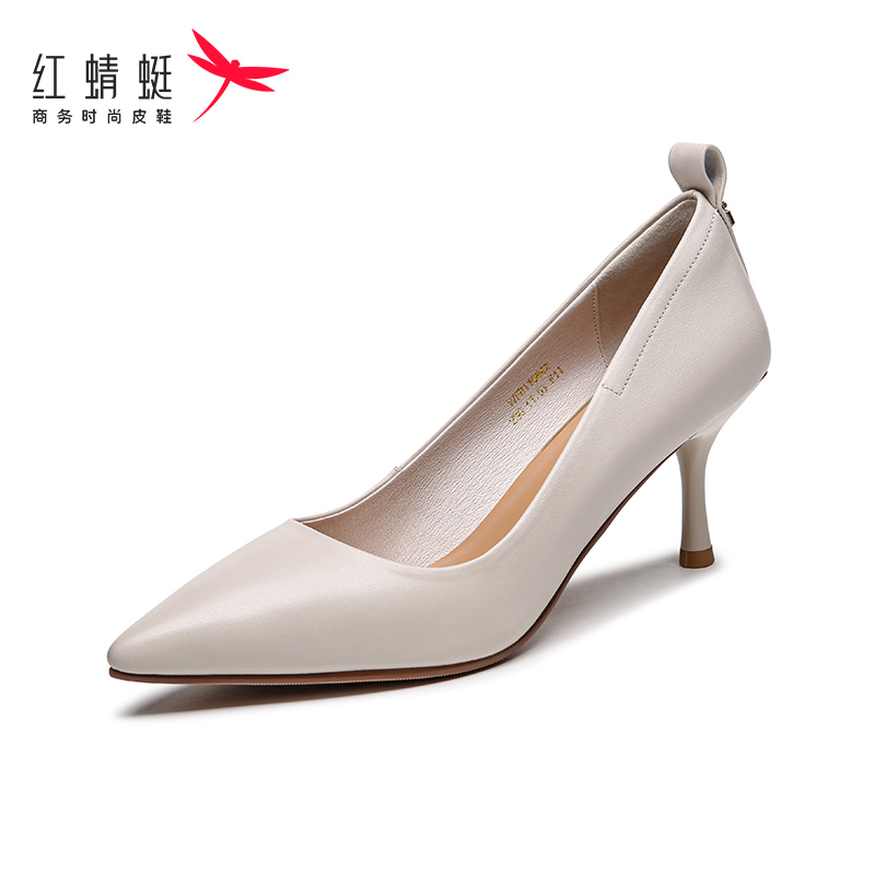 红蜻蜓女鞋2022春季新款牛皮单鞋套脚尖头性感高跟鞋女纯色职业工作