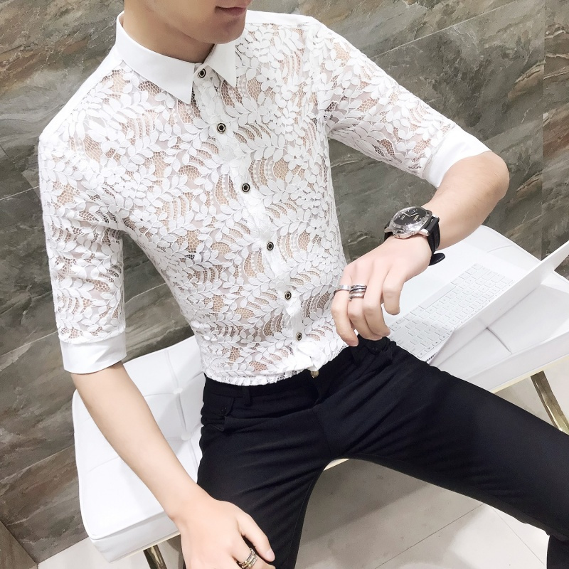 短袖衬衫男韩版18夏男修身型师七分袖工作服蕾丝镂空中袖衬衬衣