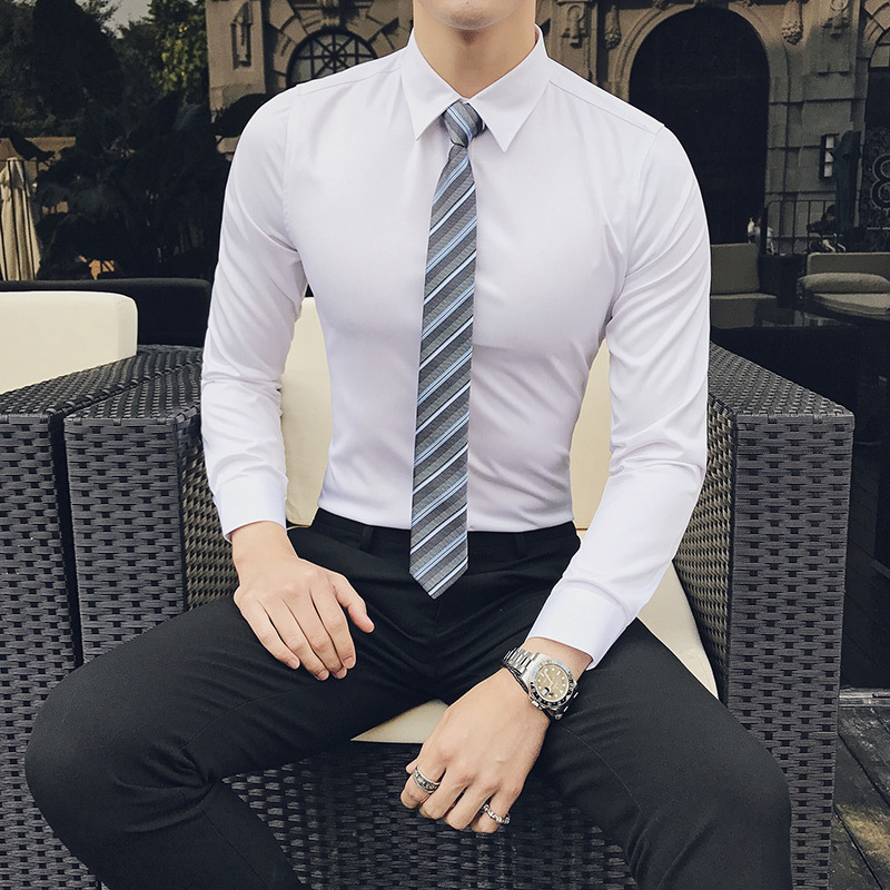 长袖衬衫男修身韩版男士衬衣纯色帅气青年商务职业正装寸衫加大码