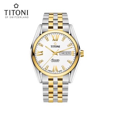 Titoni瑞士梅花表男表自动机械手表空中霸王系列罗马表钢带93709SY-385 93709SY-385