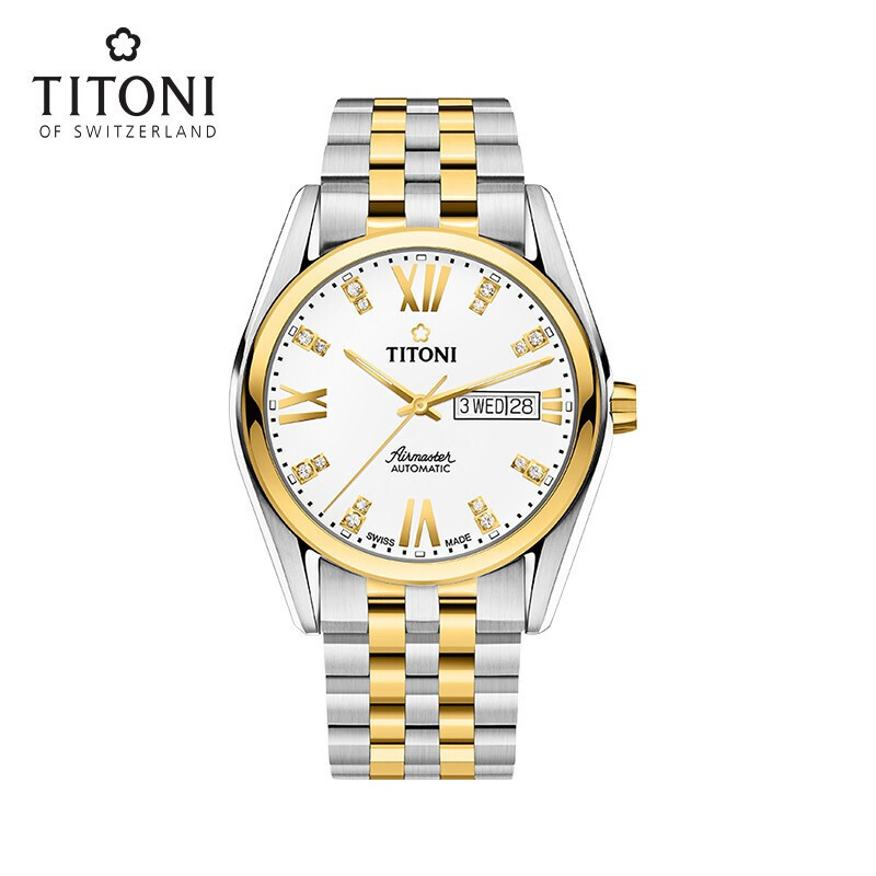 titoni瑞士梅花表男表自动机械手表空中霸王系列罗马表钢带93709sy385