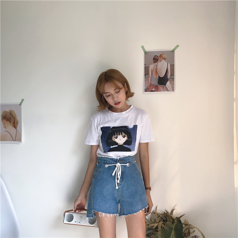 春夏女装韩版高腰显瘦宽松阔腿裤不规则毛边系带牛仔裤直筒裤短裤图片色