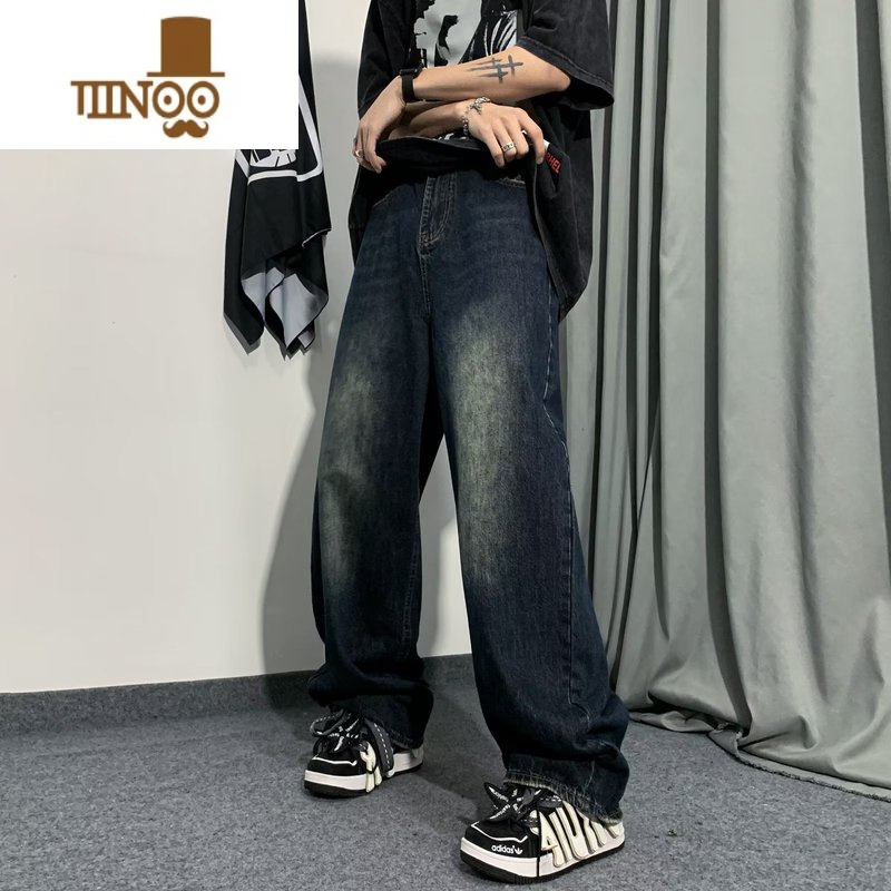 YANXU水洗做旧牛仔裤男款美式高街复古宽松阔腿裤痞帅街头垂感休闲长裤高清大图