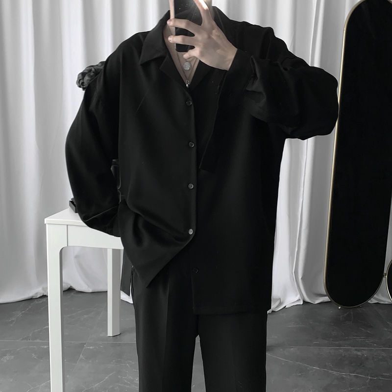 短句先生暗黑禁欲系黑色衬衫男长袖韩版设计感慵懒风气质宽松衬衣