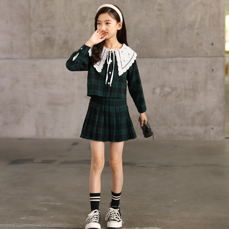 新品直营女童套装裙子秋装新款中大童学院风jk制服格子儿童百褶裙洋气
