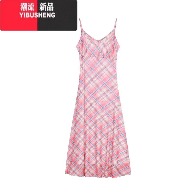 YIBUSHENG复古红色格纹吊带裙女季新款性感修身A字裙连衣裙长裙 红格纹连衣裙 L