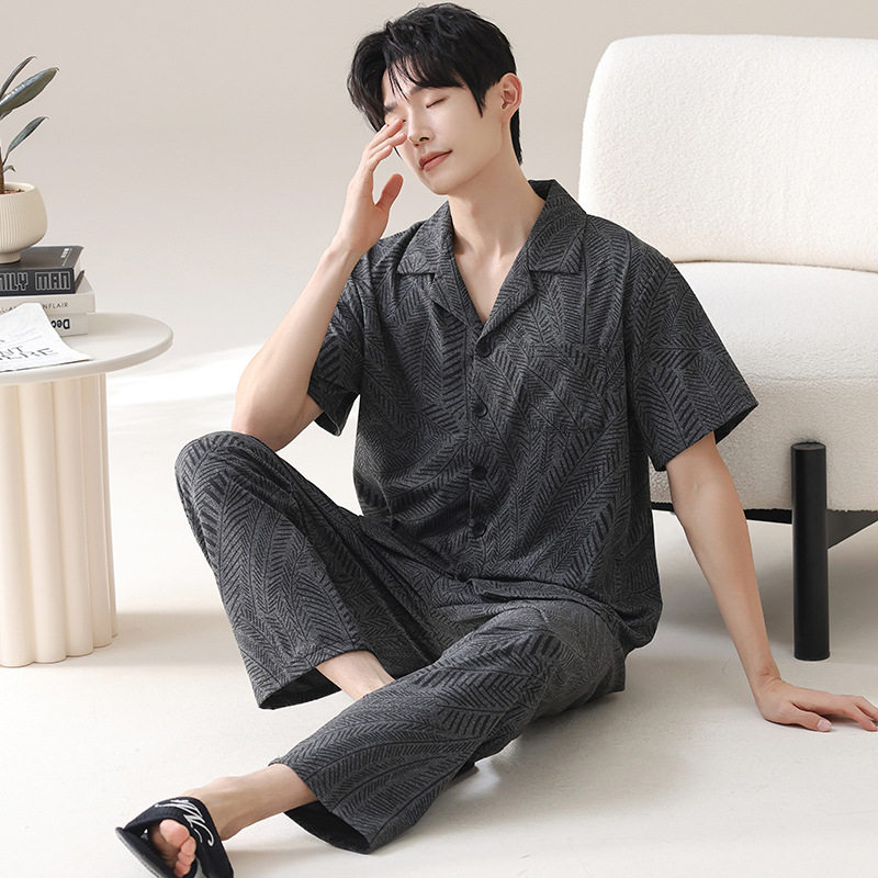2026新款睡衣男士夏季短袖长裤翻领云朵棉开衫套装青少年家居服高清大图