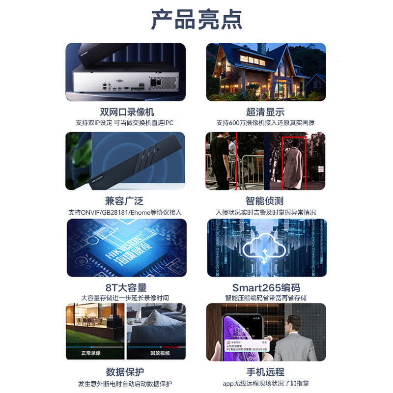 海康威视8路智惠Q系列通用智能型1盘位双网口录像机POE版+1T硬盘 支持H.265编码流监控NVR高清安防监控主机高清大图