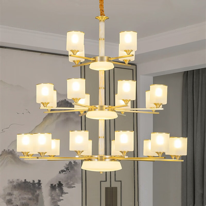 大气复式楼中空楼梯长吊灯现代简约酒店大厅铜灯防尘带盖led家用灯具