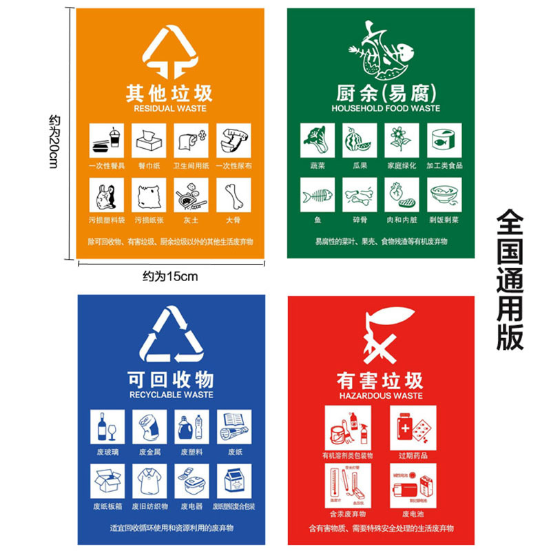 创世人 垃圾桶分类贴纸标签墙贴 分类垃圾贴垃圾桶箱标识分类导向贴牌4个装 全国通用