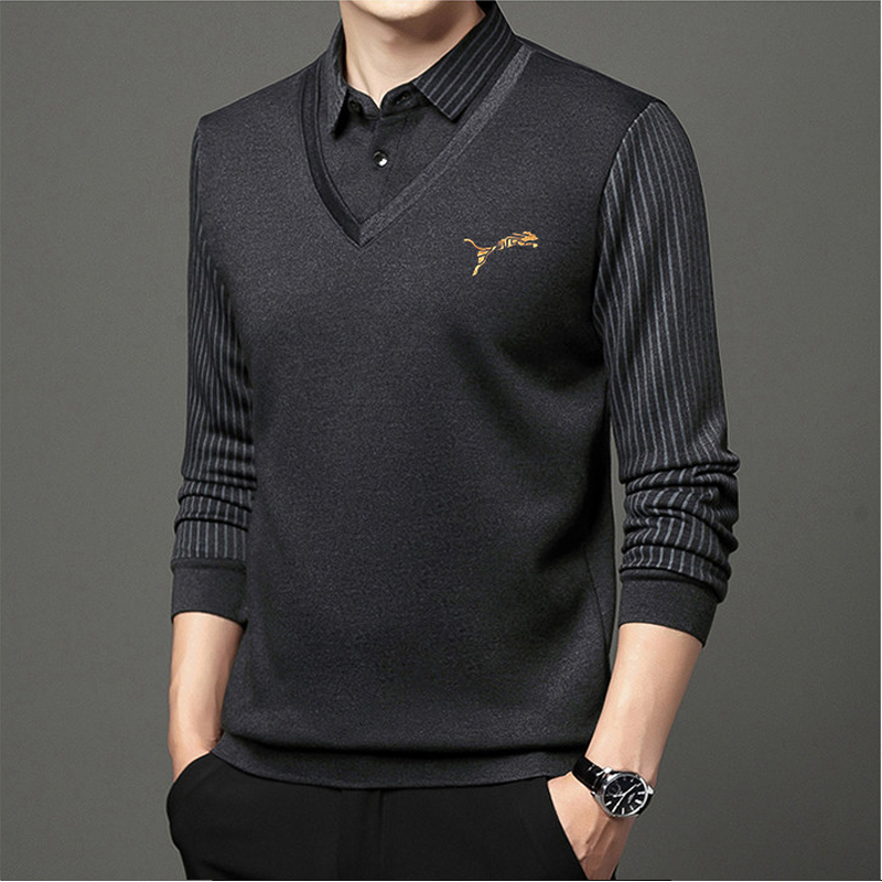 恒源祥品牌假两件套加绒长袖T恤男士毛衣翻领时尚休闲保暖打底衫男体恤