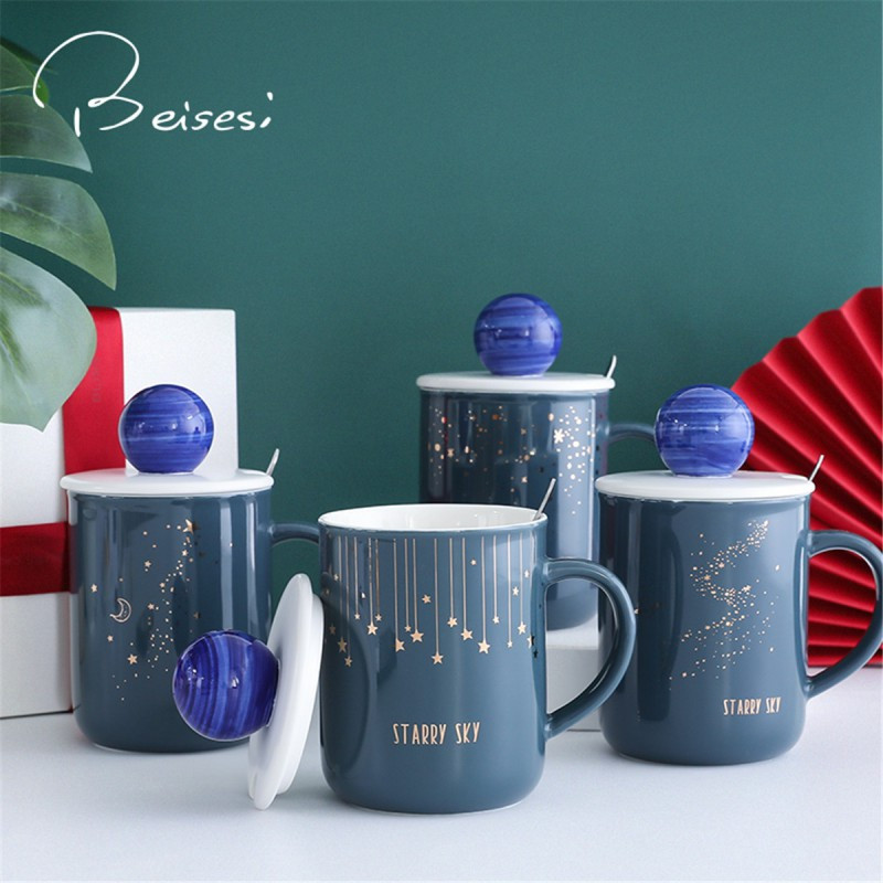 贝瑟斯 星空立体盖陶瓷马克杯带盖勺潮流情侣咖啡杯韩版喝水杯子