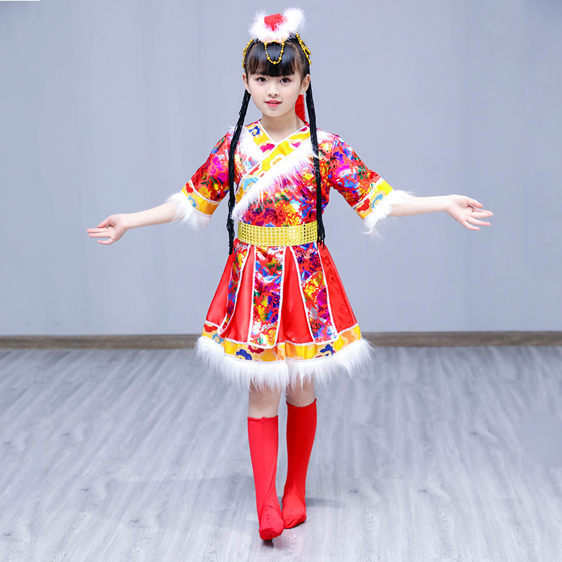 儿童藏族舞蹈演出服装女童少儿西藏少数民族表演服饰水袖民族服装