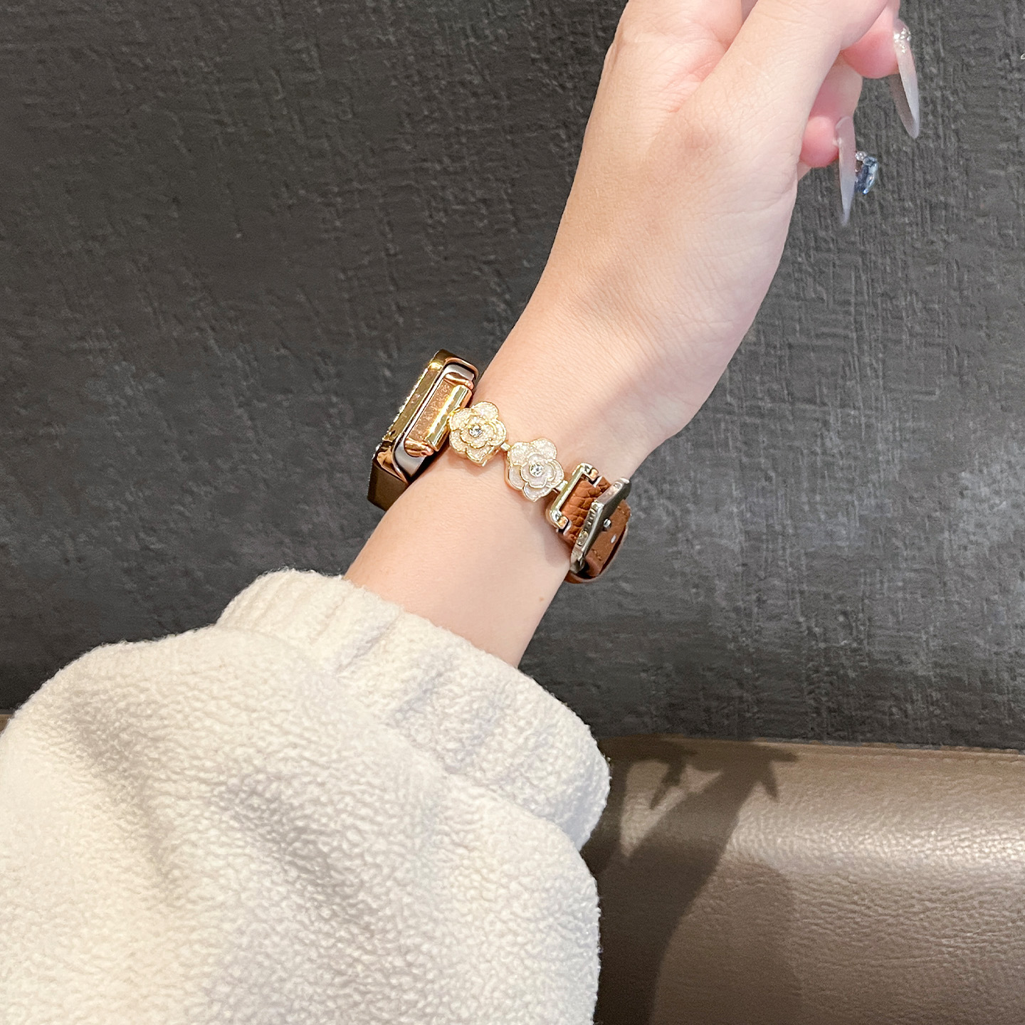 适用于华为手环10表带女高级感9/8荔枝纹真皮腕带荣耀10/9金属3139B高清大图