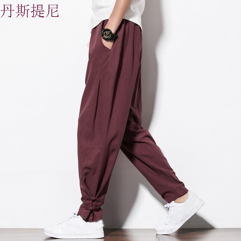夏中国风宽松亚麻裤男装唐装大码胖子休闲萝卜小脚灯笼裤哈伦裤子