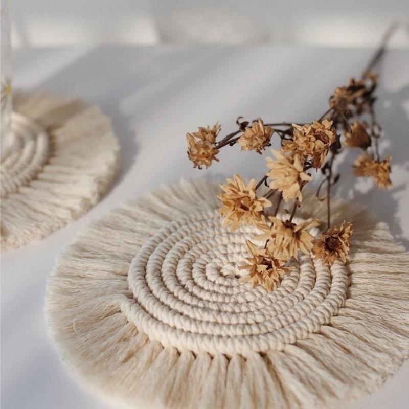 ins编织杯垫餐垫手工diy材料包编绳北欧简约棉麻桌垫隔热垫茶杯垫 米