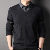 鄂尔多市纯山羊绒衫男衬衫领假两件套春秋薄毛衣男打底衫100%羊绒衫男t恤中年初秋爸爸装薄款衬衫领男士单穿衬衣 6183深灰 180/96