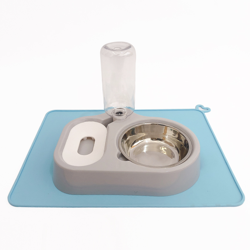 猫碗不锈钢狗碗双碗不湿嘴自动饮水器两用猫宠物粮狗食盆猫咪用品 浅灰色+防漏餐垫蓝色 适合猫/小型犬
