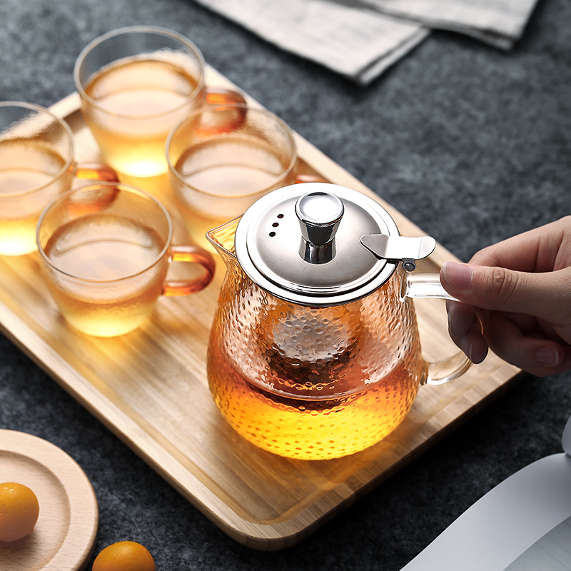 美帮汇家用茶壶套装小号沏茶杯耐热玻璃煮茶带过滤泡茶一人锤纹功夫茶具 加热底座高清大图