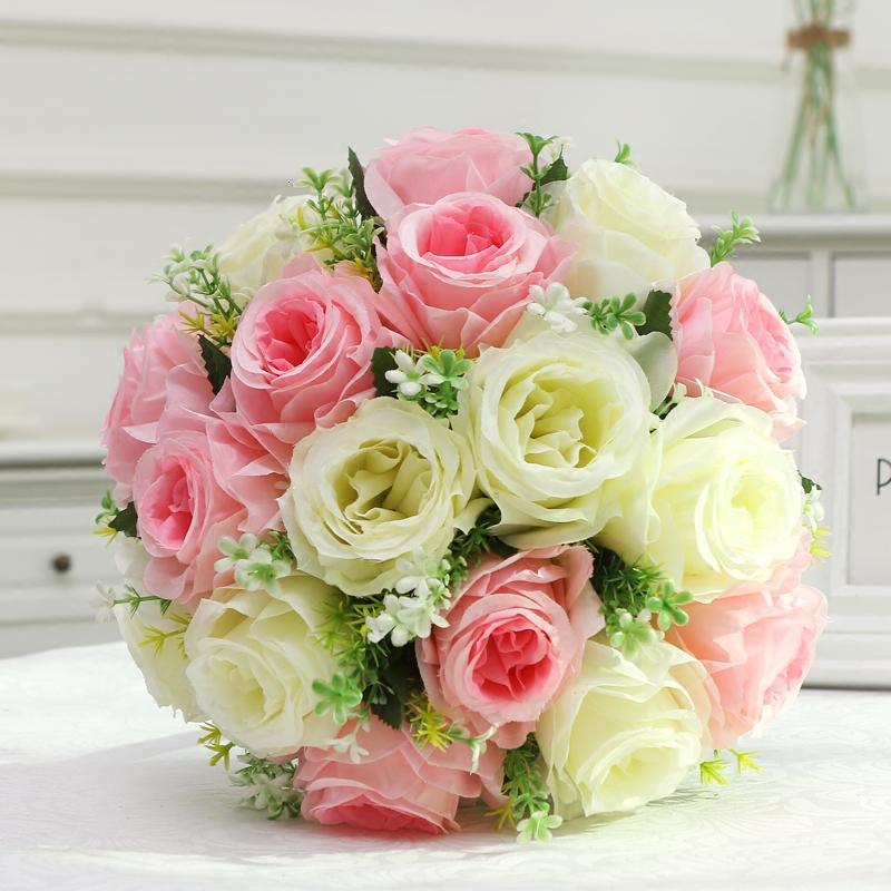玫瑰花仿真花把束客厅欧式绢花家居装饰花卉插花装饰品-白+绿(18朵玫瑰)