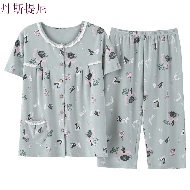 中年妈妈睡衣女夏纯棉短袖七分裤套装夏天薄款中老年妇女士两件套